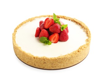 Photo of Tasty cheesecake with strawberries and mint isolated on white