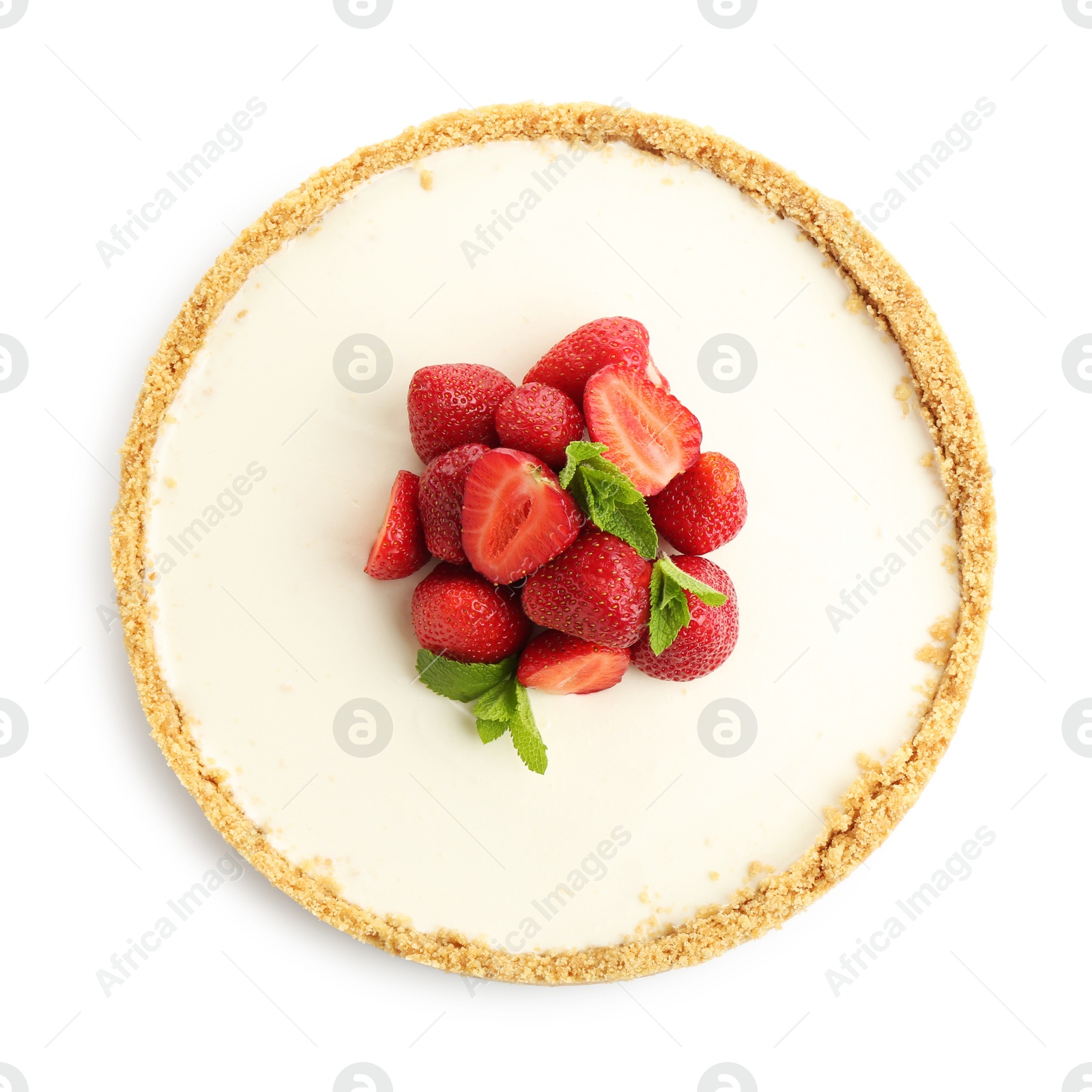 Tasty cheesecake with strawberries and mint isolated on white, top view Photo of Tasty cheesecake with strawberries and mint isolated on white, top view