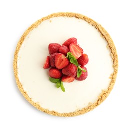 Photo of Tasty cheesecake with strawberries and mint isolated on white, top view