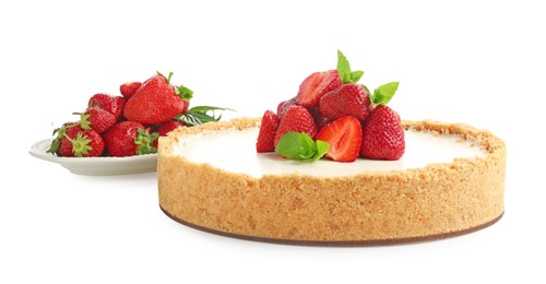 Photo of Tasty cheesecake with strawberries and mint isolated on white