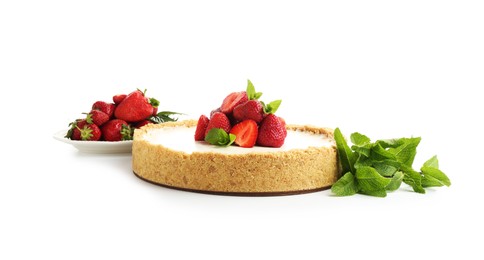 Photo of Tasty cheesecake with strawberries and mint isolated on white