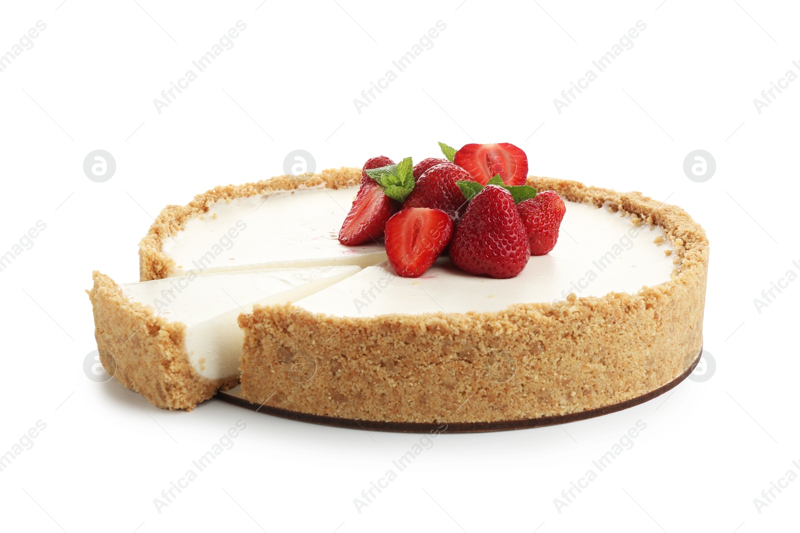 Photo of Tasty cheesecake with strawberries and mint isolated on white