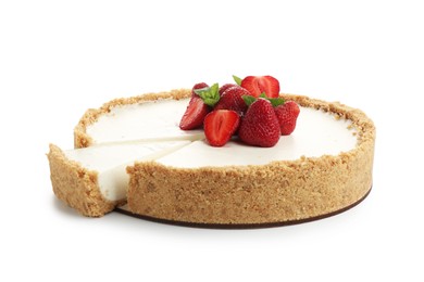 Photo of Tasty cheesecake with strawberries and mint isolated on white