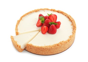 Photo of Tasty cheesecake with strawberries and mint isolated on white