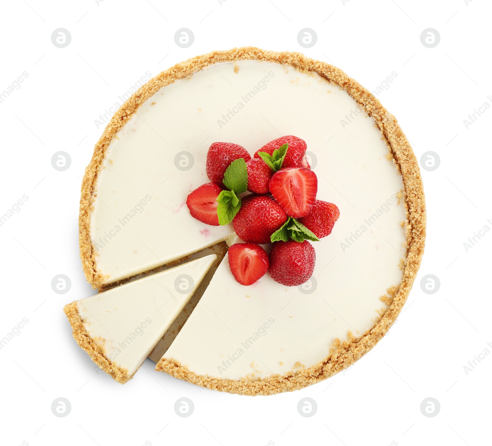 Photo of Tasty cheesecake with strawberries and mint isolated on white, top view