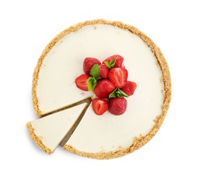 Photo of Tasty cheesecake with strawberries and mint isolated on white, top view