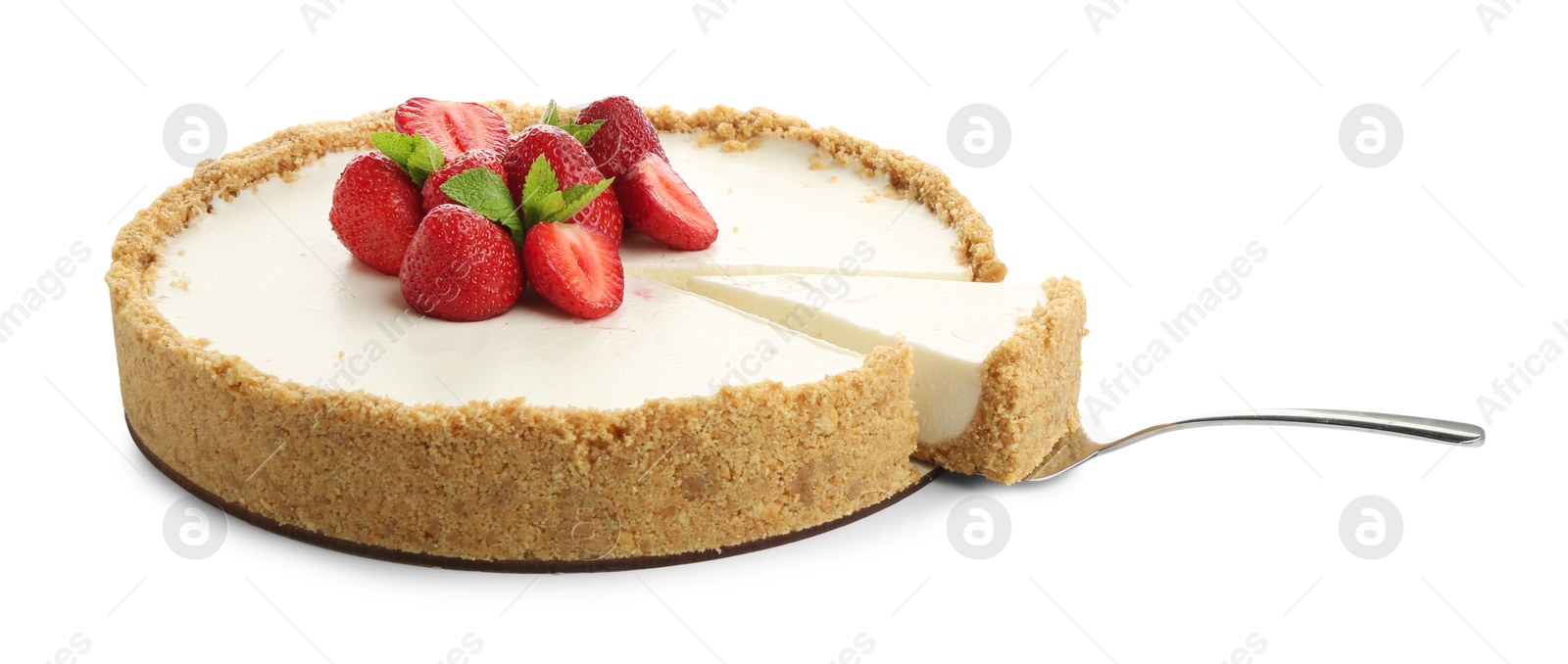 Tasty cheesecake with strawberries, mint and server isolated on white Photo of Tasty cheesecake with strawberries, mint and server isolated on white