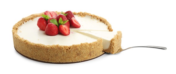 Photo of Tasty cheesecake with strawberries, mint and server isolated on white
