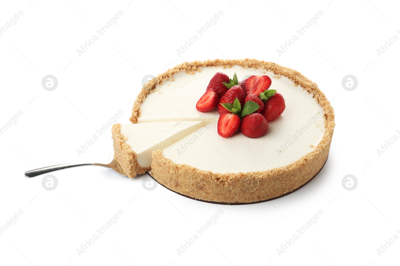 Photo of Tasty cheesecake with strawberries, mint and server isolated on white