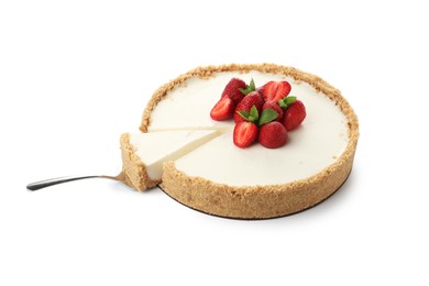 Photo of Tasty cheesecake with strawberries, mint and server isolated on white