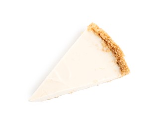 Photo of Piece of tasty cheesecake isolated on white, top view