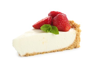 Photo of Piece of tasty cheesecake with strawberries and mint isolated on white