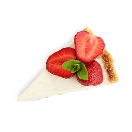 Photo of Piece of tasty cheesecake with strawberries and mint isolated on white, top view