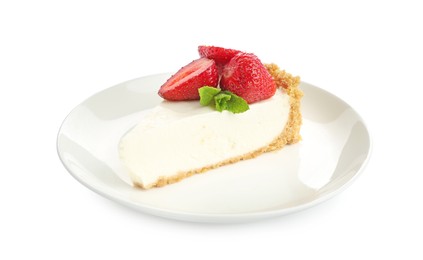 Photo of Piece of tasty cheesecake with strawberries and mint isolated on white