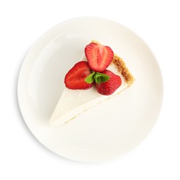 Photo of Piece of tasty cheesecake with strawberries and mint isolated on white, top view