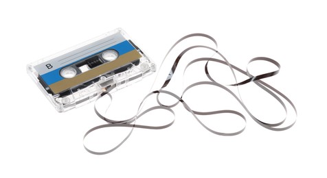 Photo of One audio cassette with magnetic tape isolated on white