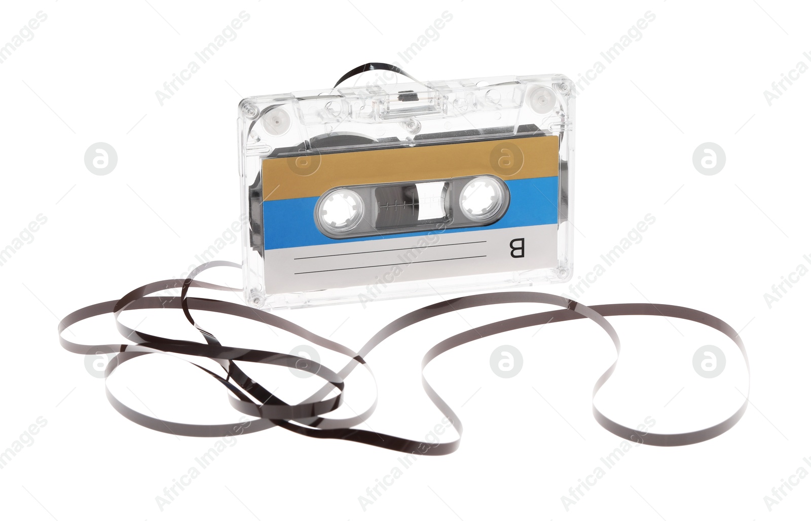 Photo of One audio cassette with magnetic tape isolated on white
