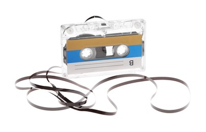Photo of One audio cassette with magnetic tape isolated on white