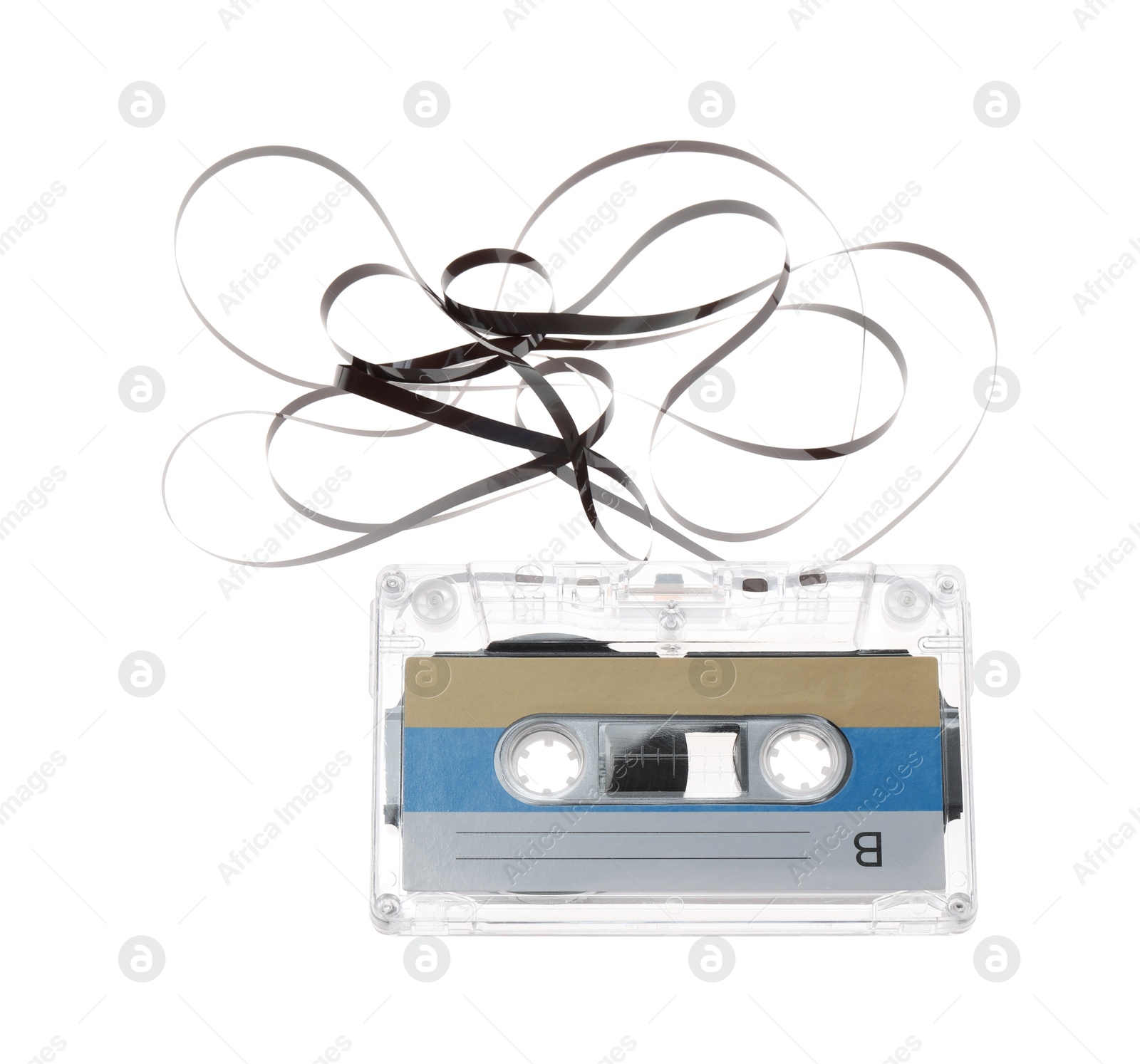 One audio cassette with magnetic tape isolated on white Photo of One audio cassette with magnetic tape isolated on white