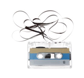Photo of One audio cassette with magnetic tape isolated on white