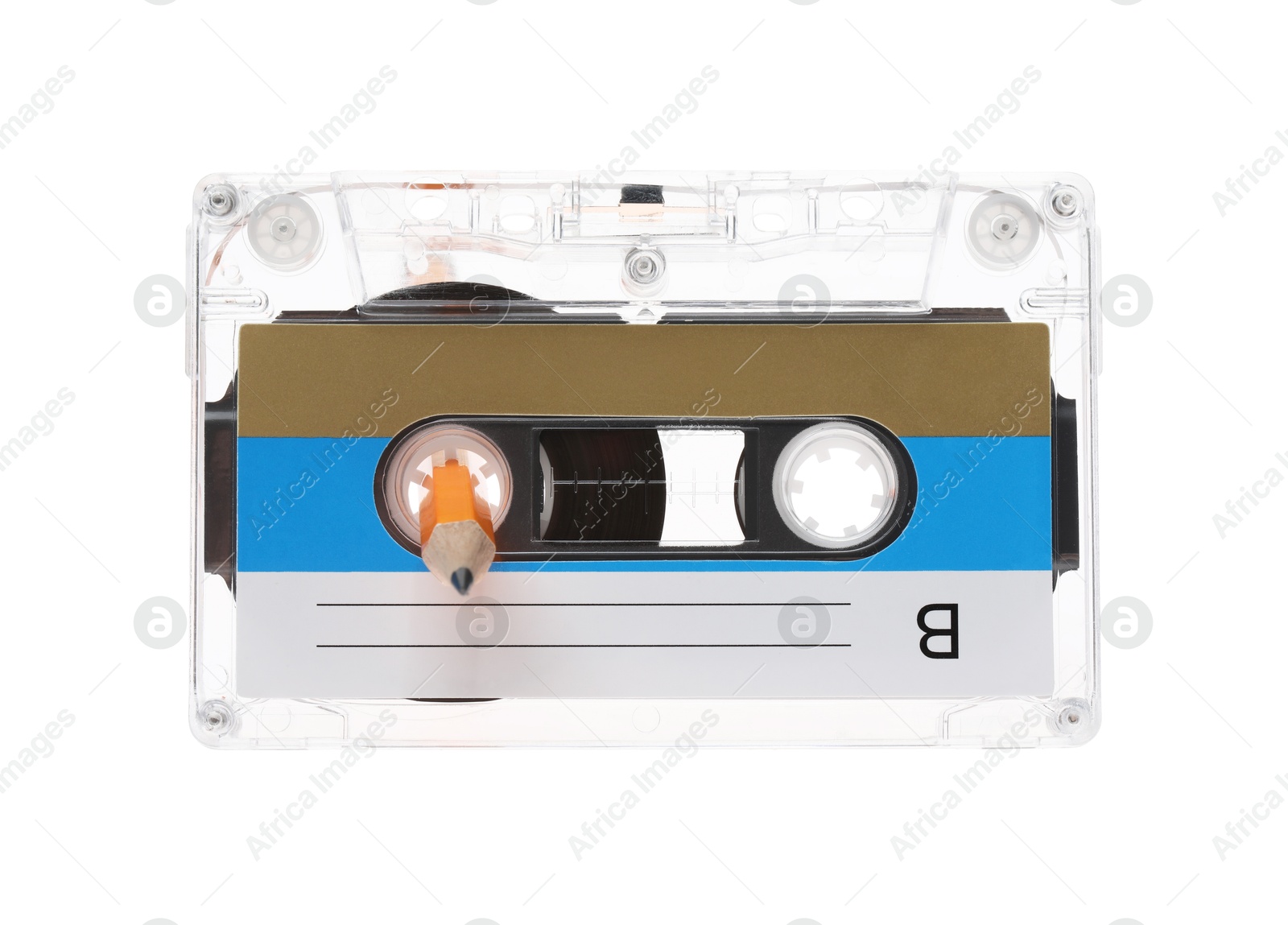 Rewinding audio cassette with pencil isolated on white Photo of Rewinding audio cassette with pencil isolated on white