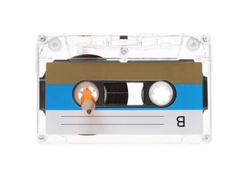Photo of Rewinding audio cassette with pencil isolated on white