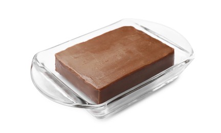 Photo of Block of tasty chocolate butter in glass keeper isolated on white