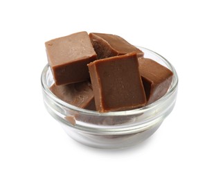 Photo of Tasty chocolate butter cubes in bowl isolated on white