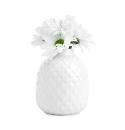 Photo of Beautiful chrysanthemums in ceramic vase isolated on white