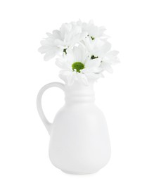 Photo of Beautiful chrysanthemums in ceramic vase isolated on white