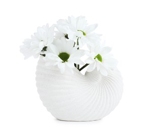 Photo of Beautiful chrysanthemums in ceramic vase isolated on white