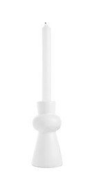 Photo of One paraffin candle in candlestick isolated on white