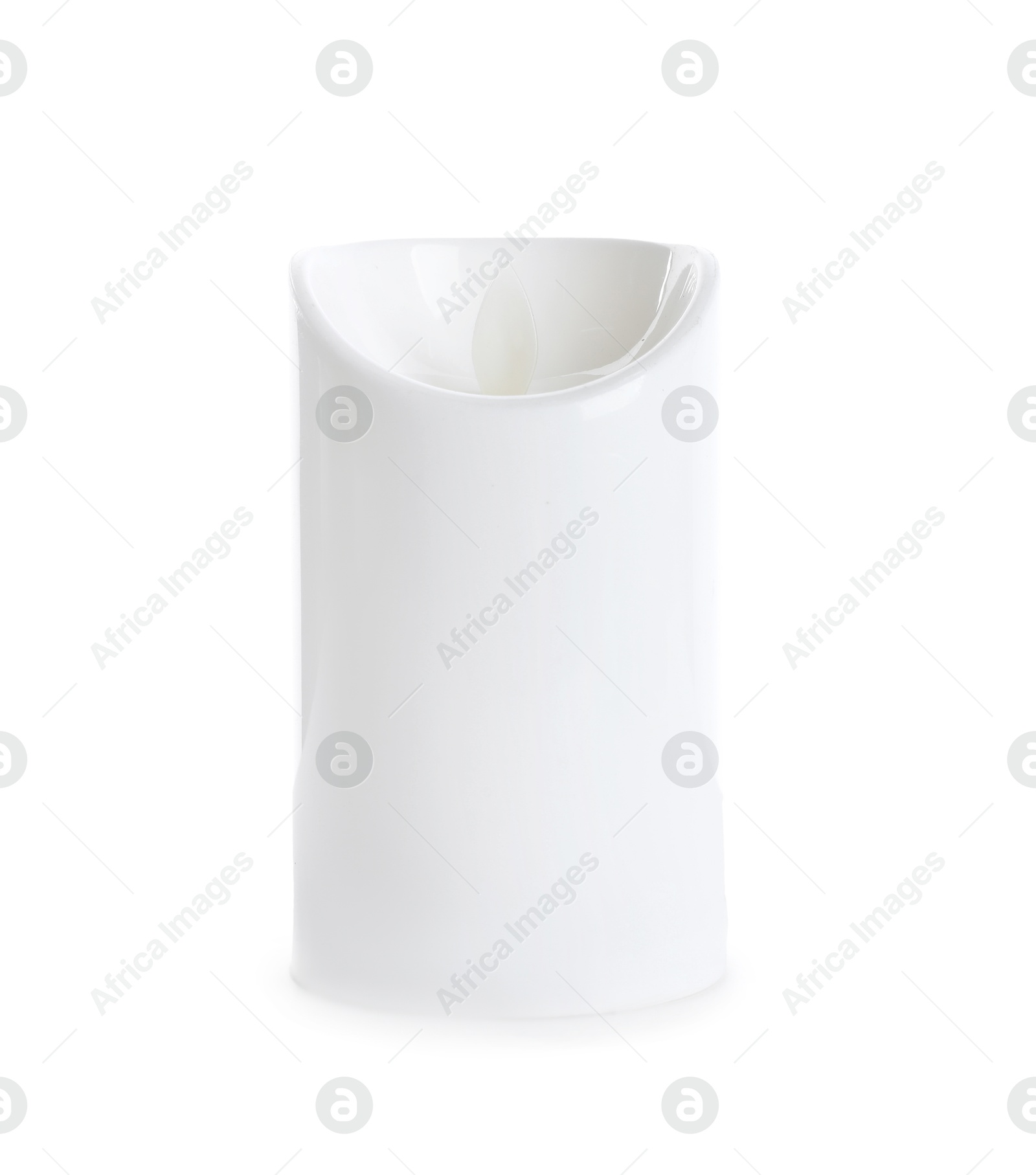 Decorative flameless LED candle isolated on white Photo of Decorative flameless LED candle isolated on white