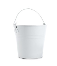 Photo of One metal bucket isolated on white. Gardening tool
