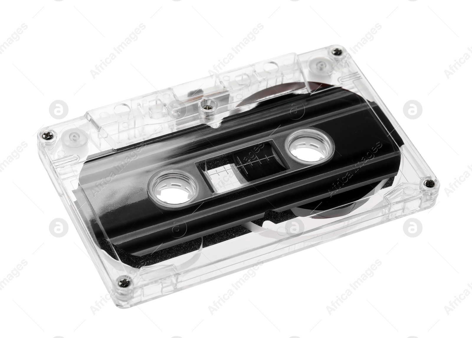 One audio cassette with magnetic tape isolated on white Photo of One audio cassette with magnetic tape isolated on white