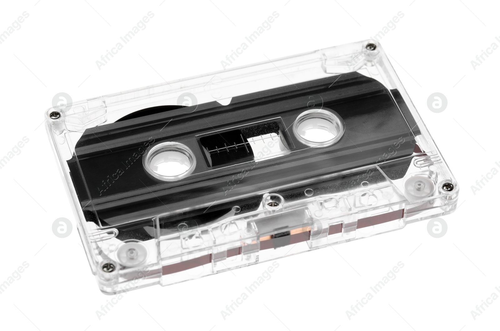 One audio cassette with magnetic tape isolated on white Photo of One audio cassette with magnetic tape isolated on white