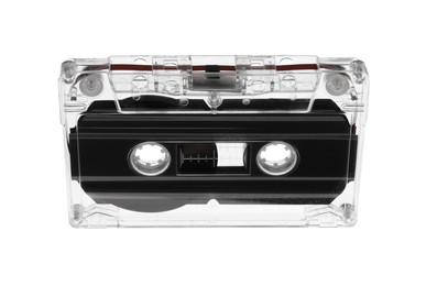Photo of One audio cassette with magnetic tape isolated on white