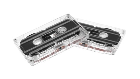 Photo of Audio cassettes with magnetic tapes isolated on white