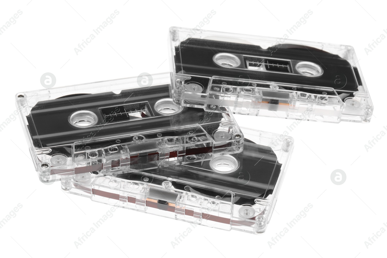 Audio cassettes with magnetic tapes isolated on white Photo of Audio cassettes with magnetic tapes isolated on white