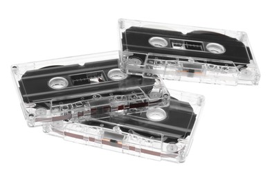 Photo of Audio cassettes with magnetic tapes isolated on white