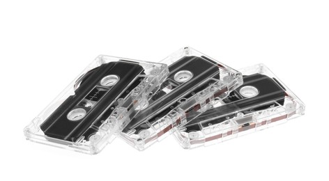 Photo of Audio cassettes with magnetic tapes isolated on white