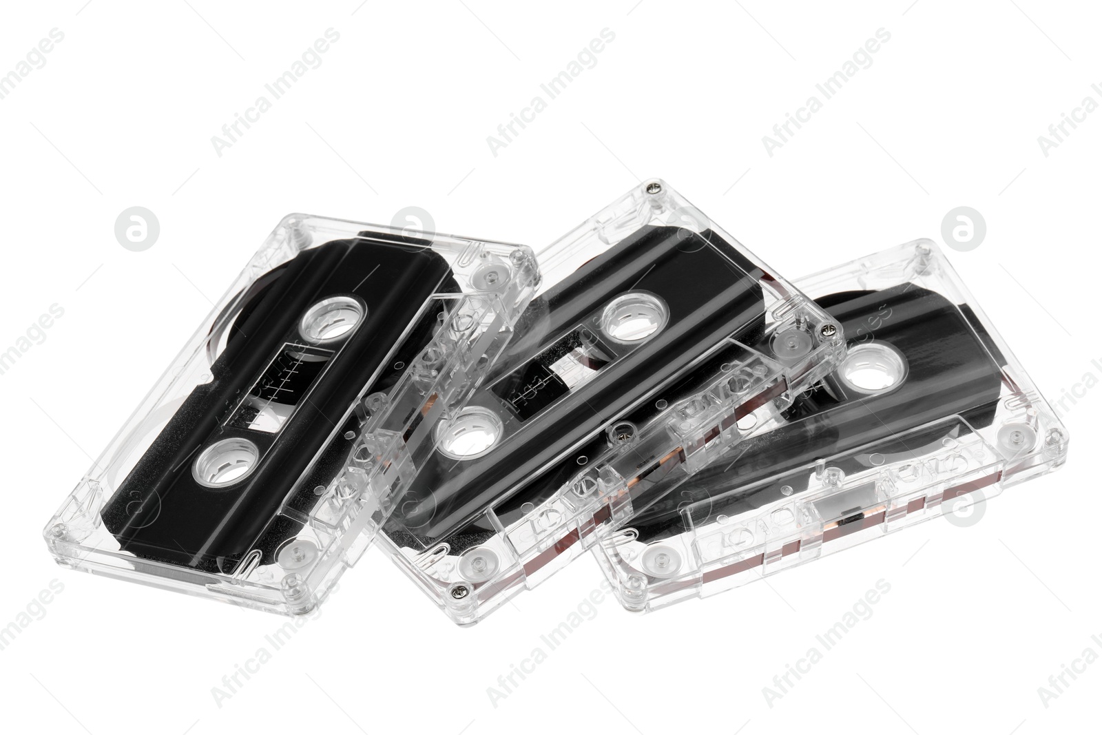Audio cassettes with magnetic tapes isolated on white Photo of Audio cassettes with magnetic tapes isolated on white