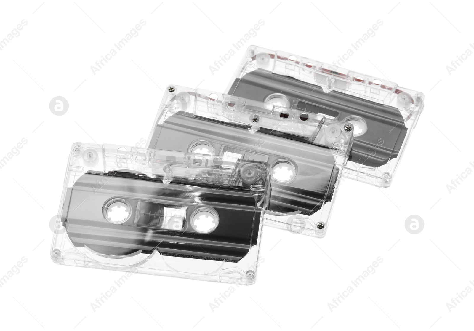 Audio cassettes with magnetic tapes isolated on white Photo of Audio cassettes with magnetic tapes isolated on white