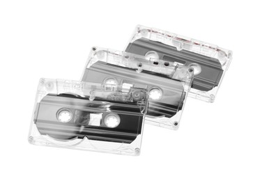 Photo of Audio cassettes with magnetic tapes isolated on white