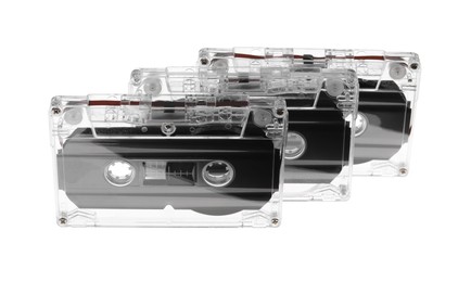 Photo of Audio cassettes with magnetic tapes isolated on white