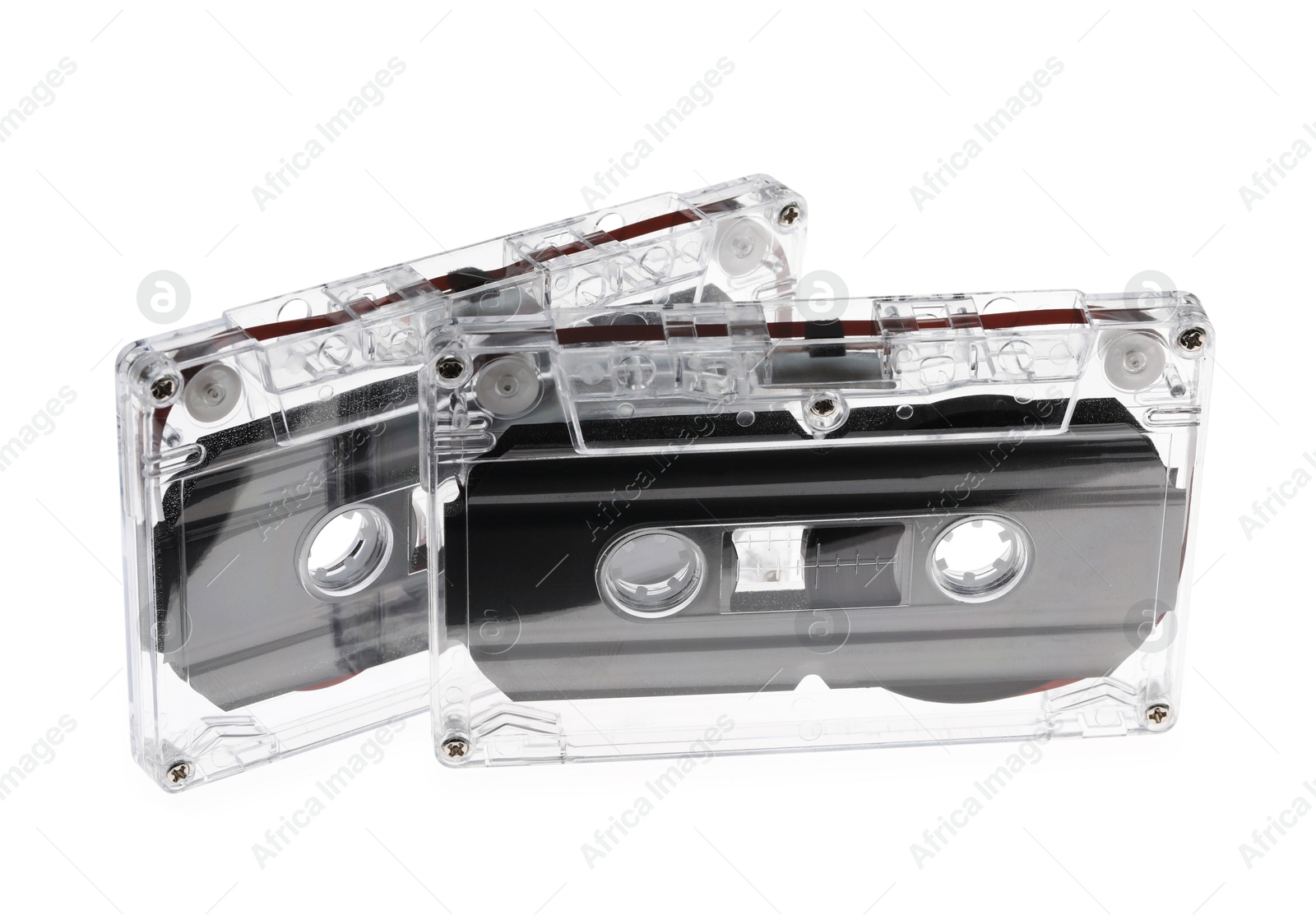 Audio cassettes with magnetic tapes isolated on white Photo of Audio cassettes with magnetic tapes isolated on white