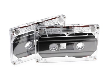 Photo of Audio cassettes with magnetic tapes isolated on white