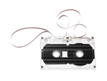Photo of One audio cassette with magnetic tape isolated on white