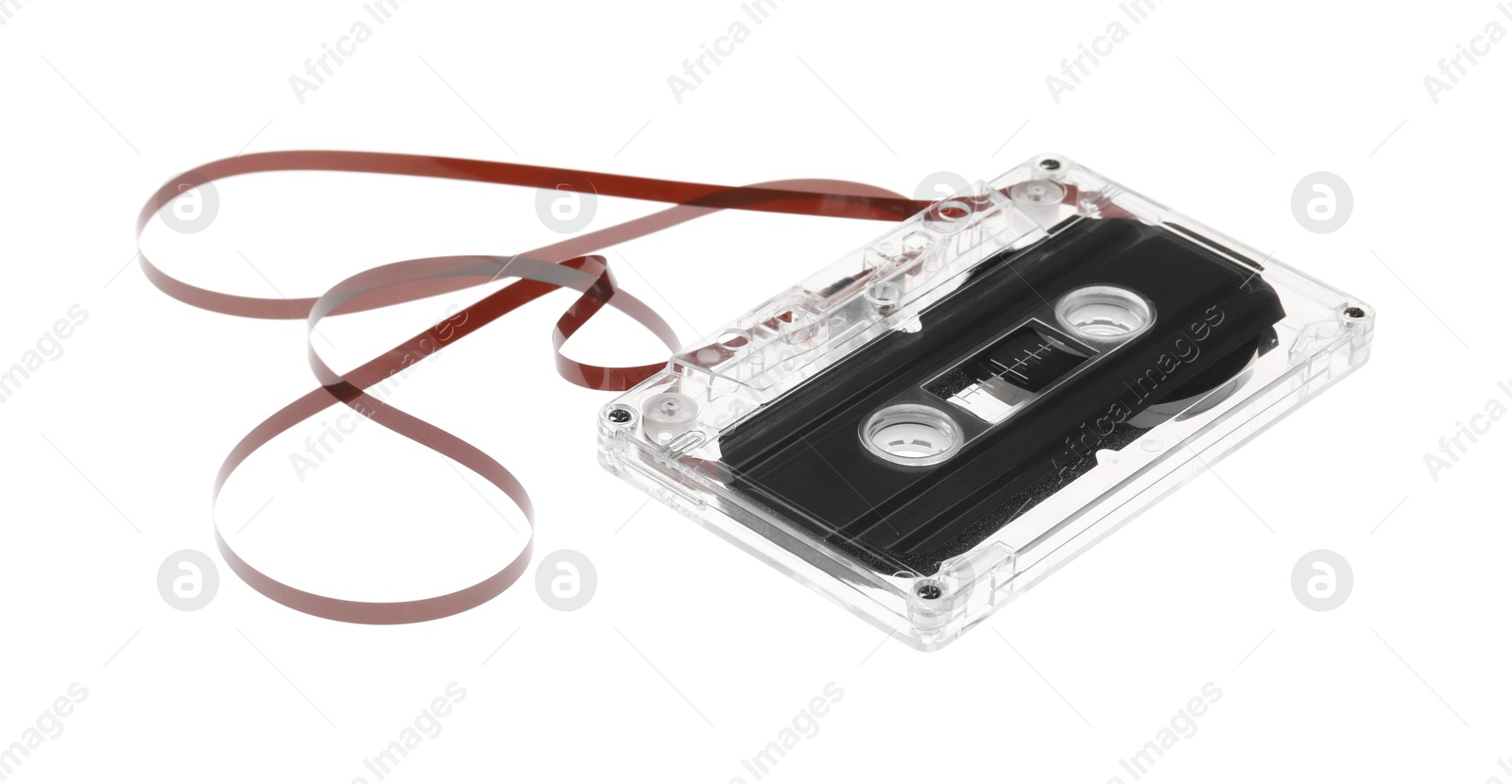 One audio cassette with magnetic tape isolated on white Photo of One audio cassette with magnetic tape isolated on white