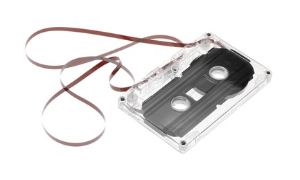 Photo of One audio cassette with magnetic tape isolated on white